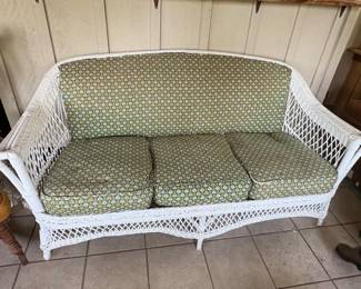 Vintage White Wicker Settee with Floral Cushions
