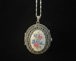 Vintage Floral Porcelain Cameo Locket Necklace