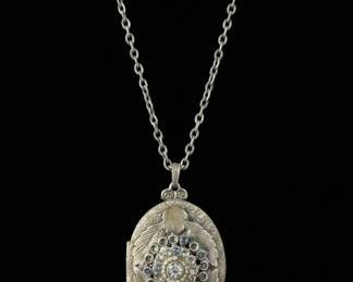 Vintage Oval Locket Necklace with Rhinestone Accents and Floral Motif