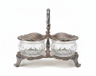 Victorian Style Silver Plated Double Shell Condiment Server with Glass Inserts