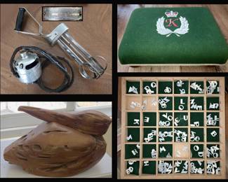 Dormeyer Electric Beater Pat 1921, Cute Little King Footstool, Large Wooden Pelican and 1 of 2 Sets of Tile Letters