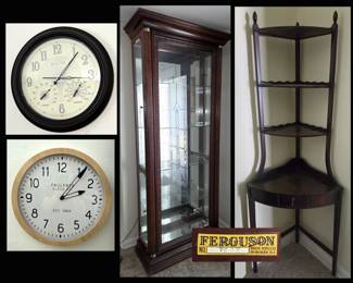 Wall Clocks, Lighted Display Cabinet and Ferguson Etagere or Corner Cabinet