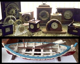 Lots of Clocks and Titanic Model Lifeboat with Oars & Life Saving Equipment