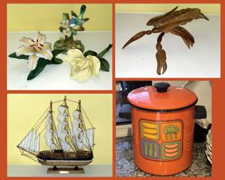 Staffordshire Bird, Lenox Flowers, Wooden Crawfish, Model Ship and Retro Pot