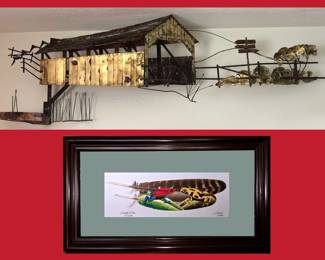 Curtis Jere Covered Bridge Sculpture and Painted Feather Art