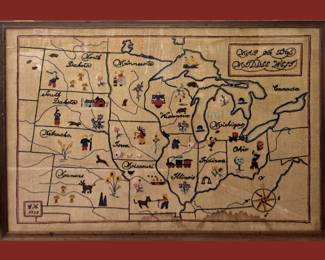 Folkart Sampler Map of the Middle West Dated 1932
