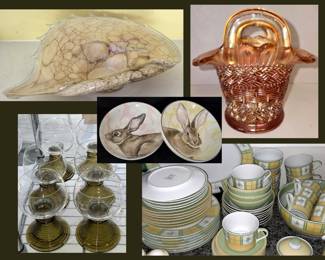 Shell Shaped Glass Dish, Carnival Glass, Williams Sonoma Rabbit Bowls, German Stemware and Mikasa Dishes 
