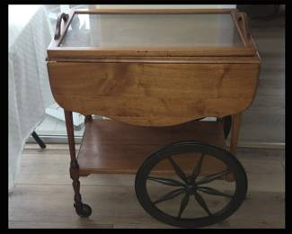 Drop Leaf Rolling Bar Cart with Glass Tray