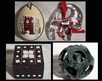 Signed Vintage Egg, Kosta Boda Ornament, Inlaid Tiny Box and Soapstone Puzzle Ball