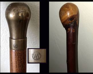 Antique Brass Walking Cane Marked WS and Shillelagh