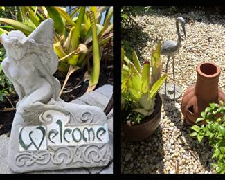 Concrete Angel Welcome Sign, & Carved Pumpkin Chiminea 