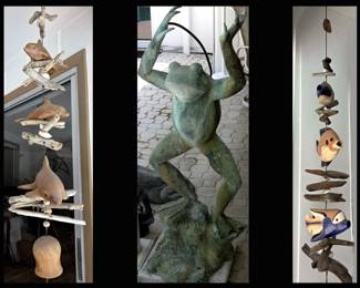 Pair of Carved Wooden Fishy Wind Chimes and Cool Slightly Injured Frog Fountain