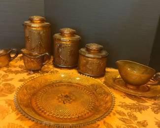 Vintage Teaira, Indiana Glass Sandwich, Pattern, Canisters Gravy, Boat, Biscuit Plates, Serving Tray