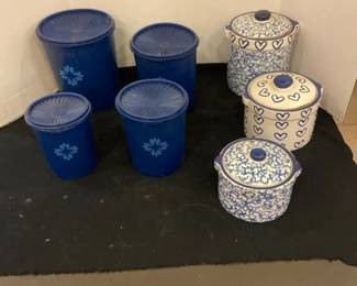 Set Of Vintage Blue Tupperware And Ceramic Crocks