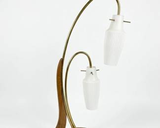 MCM Brass and Wood Table Lamp, Glass Shades