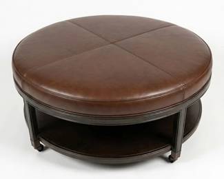 Weiss Round Leather Ottoman with Lower Shelf