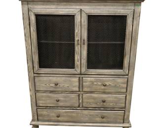 Gray Storage Cabinet with Chicken Wire Doors
