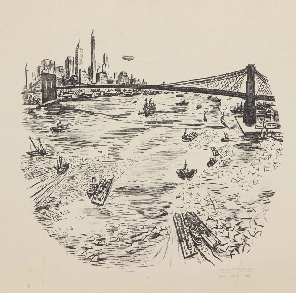 1 Jesús Escobedo (1918-1978, Mexican) Untitled, from "New York Series," 1946 Lithograph on paper From the edition of unknown size Signed, dated, and inscribed in pencil in the lower margin, at right: Jesus Escobedo / "New York - 1946" Image: 9" H x 9.75" W; Sheet: 12.5" H x 19" W Estimate: $500 - $700