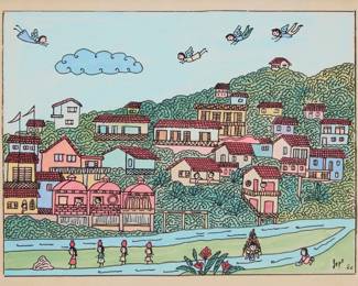 249 Manuel Lepe (1936-1984, Mexican) Hillside village near a river, 1966 Gouache and ink on paper Signed and dated in ink lower right: Lepe / '66 Image: 9" H x 12" W; Sight: 9.75" H x 12.75" W Estimate: $300 - $500