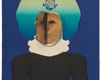 120 José Luis Cuevas (1934-2017, Mexican) "La Mascara," from the "Homage to Quevedo" portfolio, 1969 Lithograph in colors with lithographed mylar collage on wove paper Edition: 67/100 Signed and numbered in white pencil in the lower sheet corners: Cuevas; Collectors Press, San Francisco, CA, pub. Image/Sheet: 30" H x 22.5" W Estimate: $600 - $800