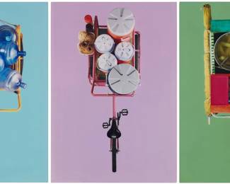 213 Marcel Rius (20th Century, Mexican) "Oaxacan Tricycles" (Triptych), 2022 Photographs mounted to panel and coated in acrylic resin From the edition of unknown size One signed, titled, and dated in ink verso: Marcel Rius / "Oaxacan Tricycles" / 2022; two signed, inscribed, and dated in ink verso: Marcel Rius / Oaxaca 2022 Each: 16" H x 11" W Estimate: $400 - $600