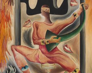 117 José Maria de Servin (1917-1983, Mexican) Harlequin guitarist Oil on canvas Signed lower right: Jose Ma. D'Servin 39.5" H x 31.5" W Estimate: $2,000 - $3,000
