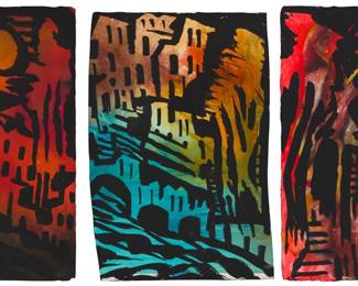 207 Angie K. Culasso (20th Century, American) Untitled triptych Each: Mixed media on wove paper Signed in pencil in the lower center of the second sheet: Angie K. Culasso; signed "Angie" again in pencil in the lower right of the first sheet 3 pieces Smallest Image/Sheet: 22.25" H x 14.75" W; Largest Image/Sheet: 23" H x 15.25" W Estimate: $400 - $600
