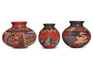 98 Three Nicaraguan polychrome pottery ollas Three works:  Mario Norori (b. 1950) Two polychrome pottery ollas, late 20th century Each incised with signature and inscription: MARIO NORORI / HANDMADE BY NICOYA / SAN JUAN DE ORIENTE Comprising one with geometric motifs and one with repeated conjoined bird design 2 pieces Larger: 6.625" H x 7.375" Dia.; Smaller: 6.125" H x 5.5" Dia.  Roger Calero (b. 1969) A polychrome sgraffito pottery olla, late 20th century With incised signature and inscription: Hecho en nicaragua / Róger Calero Decorated with a band of swirling motifs above ancestral imagery 6.625" H x 8.5" Dia.  3 pieces total Estimate: $200 - $400