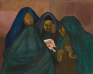 101 Gustavo Montoya (1905-2003, Mexican) "Viejas con Niño," 1970 Oil and collaged textile on canvas Signed lower right: gustavo montoya 28" H x 36" W Estimate: $3,000 - $5,000