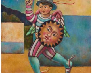 222 Esaú Andrade (b. 1963, Mexican) Child with sword and shield, 1994 Oil on canvas Signed and dated lower right: Esaú '94 46.125" H x 36.125" W Estimate: $800 - $1,200