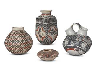 121 Four Mata Ortiz polychrome pottery jars Four works:  Julio Mora (b. 1971) A small pottery seed jar, late 20th century Incised to underside: Julio Mora With black and red checkered design to shoulder above a deer figure to underside, on a cream slip ground 2" H x 3.875" Dia.  Ismael Florel (b. 20th century) A pottery wedding jar, late 20th century Incised to underside: ISMAEL FLOREL With red and black bands of fine-line and geometric motifs on a cream slip ground 6.375" H x 5.625" Dia.  Nancy Heras de Martinez (b. 20th century) A squared pottery olla, late 20th century Incised to underside: Nancy Heras de Martinez With red and black alternating birds and lizards in friezes within a checkered and fine-line matrix, on a cream slip ground 7.125" H x 3.75" W x 3.75" D  Juana Ledezma Veloz (b. 20th century) A pottery olla, late 20th century Incised to underside: JUANA LEDEZMA With red and black geometric motifs on a cream slip ground 5.375" H x 5.375" Dia.  4 pieces Estimate: $200 - $400