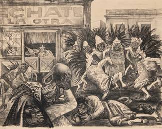 67 José Clemente Orozco (1883-1949, Mexican) "Pulqueria (Echate la Otra)," circa 1928 Lithograph on paper laid to paperboard Edition: 83/100 Signed and numbered in pencil in the lower margin: J.C. Orozco Sight: 13" H x 16.5" W; Paperboard: 16.5" H x 21" W Estimate: $1,000 - $1,500