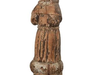 15 A Spanish Colonial polychrome carved wood santo bulto 19th century Depicting Saint Anthony of Padua 16.5" H x 5.5" W x 5" D Estimate: $300 - $500