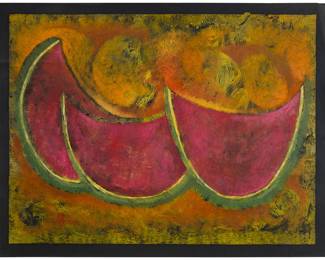 243 Byron Gálvez (1941-2009, Mexican) Watermelons Mixed media on black paper Signed lower left: Byron Image: 17.75" H x 23.75" W; Sheet: 19.625" H x 25.5" W Estimate: $500 - $700