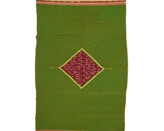 39 A Mexican Post-Maximilian Period sarape Circa 1875-1885 Finely woven in deep green and multicolored floss wool with a central delicately serrated aggregate-style diamond and multiple banded stripe motifs to each end 80" H x 40.5" W approximately Estimate: $1,000 - $1,500