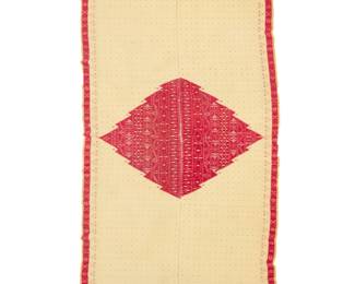31 A Mexican Late Classic Period Saltillo sarape Circa 1840-1860 Woven in cream, vegetal yellow, and cochineal red hand-spun wool in two panels seamed down the middle, with a large serrated red diamond to center with elaborate complex ticked motifs, with red and grey ticking to the field, and with a red ticked motif border and striped bands to each end 78" H x 38.75" W approximately Estimate: $1,500 - $2,000