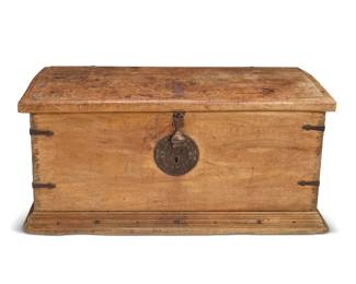 58 A Spanish Colonial iron-clad wood chest 18th/19th century With wrought-iron partial latch lock, the hinged top opening to reveal a smaller inner compartment at one side 24.75" H x 55" W x 27.5" D Estimate: $800 - $1,200