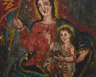 9 Late 19th/Early 20th Century Mexican Retablo Madonna and Child Oil on carved panel Unsigned Image: 9.75" H x 7.5" W; Panel: 14.5" H x 11" W (irreg.) Estimate: $300 - $500