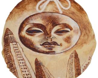 251 Alfredo De Batuc (b. 1950, Mexican) "Presence Over Threesome," 1997 Acrylic on snack size flour tortilla with yarn bow Signed and dated lower right: De Batuc 97 6.5" Dia. (irreg.) Estimate: $400 - $600