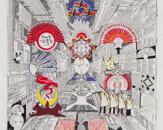 174 Pedro Friedeberg (1936-2026, Mexican) "Hagalo y Diviertase" ("Do It and Have Fun") Giclée in colors on paper in artist's frame Edition: 8/50 Signed and numbered in pencil, and with the artist's black ink stamp, all in the lower margin: Pedro Friedeberg Image: 26.5" H x 26.5" W; Sight: 28.5" H x 28.5" W Estimate: $600 - $800