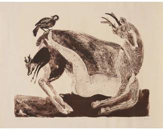 139 Francisco Toledo (1940-2019, Mexican) "Venado Pariendo," 1969 Lithograph on wove paper Edition: 26/50 Signed, dated, and numbered in pencil in the lower margin: Toledo 1969; Atelier Clot, Bramsen & Brunholt, prtr. Image: 14" H x 18" W; Sheet: 17.125" H x 22.25" W Estimate: $700 - $900