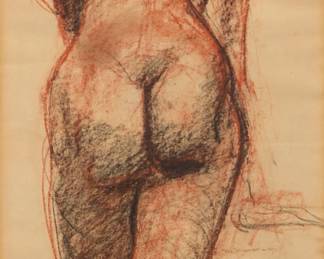 64 José Clemente Orozco (1883-1949, Mexican) "Nude," 1946 Conte crayon on paper Signed and dated lower right: J.C. Orozco / 46; titled on a gallery label affixed to the frame's backing paper Sheet: 18.75" H x 14.75" W; Sight: 14.5" H x 10.5" W Estimate: $7,000 - $9,000