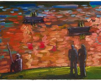 88 Carlos Almaraz (1941-1989, Mexican-American) "Echo Park Lake," 1987 Oil on canvas Signed and dated lower left: Almaraz '87 5" H x 7.125" W Estimate: $2,000 - $4,000