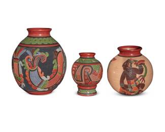 97 Roger Calero (b. 1969, Nicaraguan) Three sgraffito polychrome pottery ollas, late 20th/early 21st century Each with incised signature and inscription: Hecho en Nicaragua / Roger Calero Comprising one depicting a serpentine figure, another with three ancestral figures, and the smallest with geometric motifs 3 pieces Tallest: 8.625" H x 7.25" Dia.; Smallest with ring: 5.5" H x 4.125" Dia. Estimate: $200 - $400