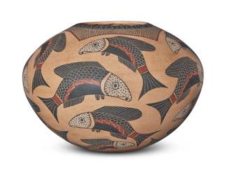 59 Roberto Bañuelos (b. 20th century, Mata Ortiz) A polychrome pottery jar, late 20th century Incised to underside: Roberto Bañuelos With red, black, and white fish motifs on a cream ground 7.25" H x 10.75" Dia. Estimate: $200 - $400