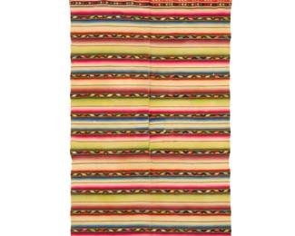 43 An early Mexican Rainbow Saltillo sarape Circa 1890 Finely woven in multicolored wool in two panels seamed down the middle, with multiple geometric and foliate ombré shaded banded stripe motifs 84" H x 39.5" W approximately Estimate: $400 - $600