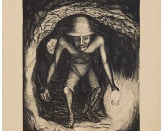 154 Francisco Mora (1922-2002, Mexican) "Saliendo de la Mina," from the portfolio "Mexican Art - Mexican People and Places," 1946 Lithograph on cream wove paper Edition: 16/75 Signed and numbered in pencil in the lower margin: -Mora-; Taller de Grafica Popular, Mexico City, Mexico, pub.; inscribed in another hand in pencil, verso: "Ex. 11.1.22" Image: 13.875" H x 11.25" W: Sheet: 17.625" H x 15.25" W Estimate: $300 - $500