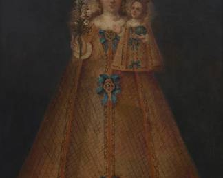 8 Cuzco School Our Lady of Guápulo Oil on canvas laid to canvas Appears unsigned 28" H x 20" W Estimate: $500 - $700