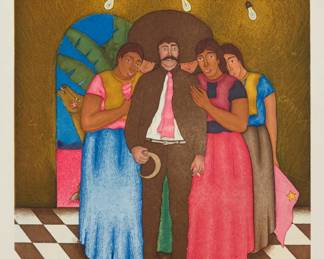 161 Fernando Olivera (b. 1962, Mexican) "Zapata," 2000 Etching and aquatint in colors on wove paper A workshop proof aside from the edition of 30 Signed, titled, dated, and inscribed "P/T" in pencil along the lower margin: F. Olivera 2000; Taller de Grabado Fernando Sandoval, Oaxaca, Mexico, prntr., with their blindstamp (twice) in the lower right margin corner Plate: 19.625" H x 13" W; Sheet: 27.25" H x 20.5" W Estimate: $600 - $800