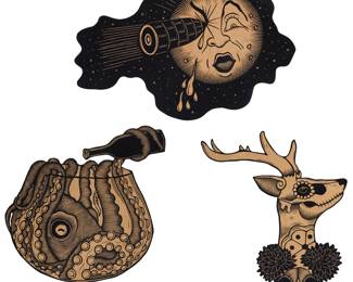 204 Fidel Solórzano (20th Century, Mexican) Day of the Dead deer, 2023; Moon, 2023; Octopus in a glass, 2023 Each carved and painted composite board Each from the edition of unknown size Each signed and dated in Sharpie verso: Solórzano; also annotated in gold Sharpie verso: For Wolfyrd Collection 3 pieces Overall of largest: 23.75" H x 24" W x 0.375" D (irreg.) Estimate: $300 - $500
